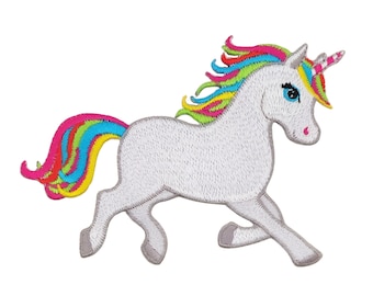 bk91 - Licorne blanche avec des couleurs colorées cheval thermocollant patch thermocollant applique patch taille 10,2 x 7,3 cm