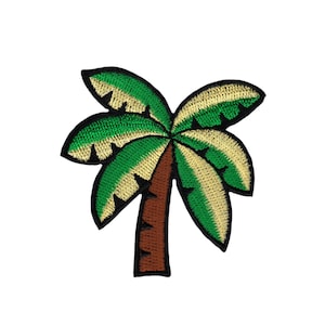 Könnte beinhalten: Ein gestickter Aufnäher mit einer grünen und gelben Palme mit braunem Stamm.