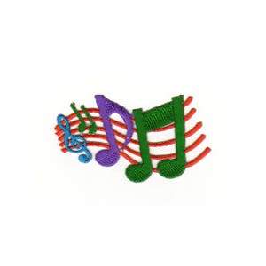 Op de afbeelding: Een geborduurde patch met een kleurrijk muzieknootontwerp. De noten zijn paars, groen en blauw, en de notenbalken zijn rood.