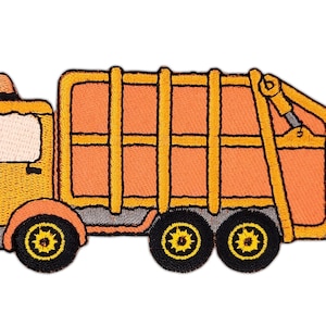 bc16 - Müllwagen Orange Müll Auto LKW Aufnäher zum aufbügeln Bügelbild Applikation Patch Flicken Größe 11,2 x 5,0 cm