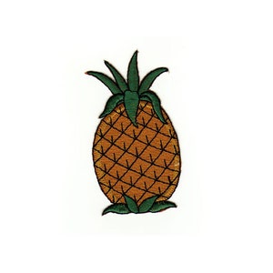 Puede incluir: Una piña amarilla con hojas verdes. La piña está bordada con un patrón detallado.