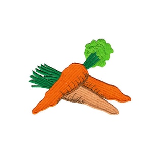 Könnte beinhalten: Zwei orangefarbene Karotten mit grünen Blättern. Die Karotten sind übereinander gelegt.