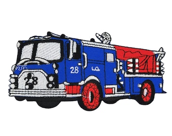 am77 - Patch thermocollant bleu voiture de pompiers USA, écusson thermocollant, écusson appliqué, taille 12,0 x 6,0 cm