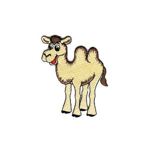 Könnte beinhalten: Ein Cartoon-Kamel mit einem braunen Höcker und einem fröhlichen Ausdruck. Das Kamel ist hellbraun mit einem hellgelben Bauch und hat einen braunen Schwanz.