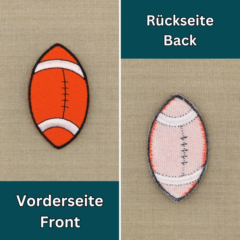 May include: Two embroidered iron-on patches of a football. The front side is orange with white stitching and the back side is white with orange stitching. The text "Vorderseite Front" is on the left and "R&uuml;ckseite Back" is on the right.