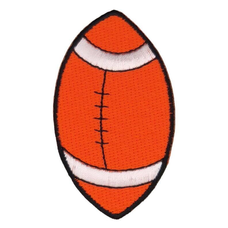 May include: An orange and white embroidered football patch. The football is outlined in black.