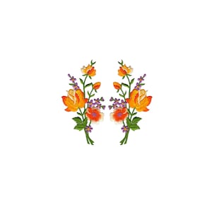 Könnte beinhalten: Zwei gestickte Blumenpatches mit orangefarbenen und gelben Rosen, grünen Blättern und lila Blüten.