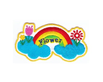ap22 Clouds Rainbow Flowers Flower Children's Iron-On Applique Patch Size 8.8 x 4.6 cm