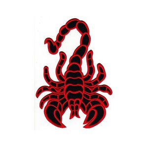 May include: A black scorpion with a red outline. The scorpion is in a classic tattoo style.