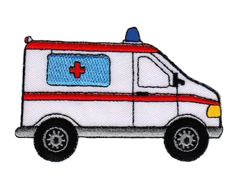 aa02 Ambulance Ambulance RTW Red Cross Car Blue Light Patch Iron-On Application Patch Children Size 9.3 x 6.3 cm