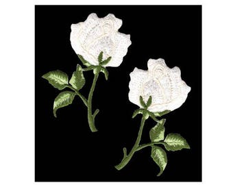 ak39 Roses Set 2 Pieces White Flowers Iron-On Applique Patch Size 4.5 x 7.2 cm