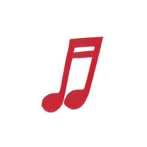 Puede incluir: Un recorte de nota musical roja. La nota es una forma de nota musical estándar con un solo tallo y dos cabezas de nota.