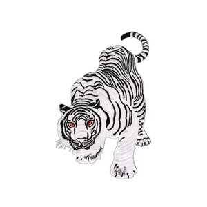 Peut inclure: Patch brodé de tigre blanc avec des rayures noires et des yeux rouges. Le tigre est en position accroupie, la queue enroulée autour de son corps.
