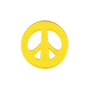 May include: A yellow peace sign patch. The patch is made of fabric and has a stitched outline.