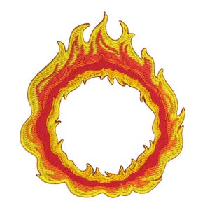 Puede incluir: Un parche bordado con forma de círculo de fuego, en rojo y amarillo.