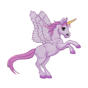 Puede incluir: Parche bordado de un unicornio morado con alas y un cuerno dorado.
