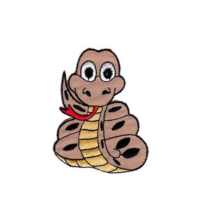 Peut inclure: Un serpent de dessin animé brun avec de grands yeux et une langue rouge. Le serpent est enroulé en spirale.