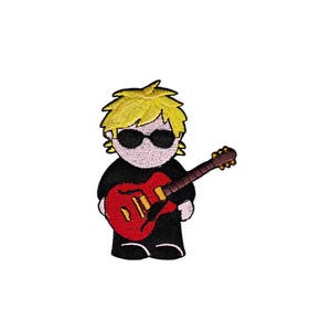May include: An embroidered iron-on patch of a cartoon person with blonde hair wearing sunglasses and playing a red electric guitar.