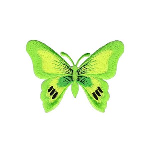 Könnte beinhalten: Ein grüner Schmetterling mit schwarzen Markierungen auf seinen Flügeln. Der Schmetterling ist gestickt und hat einen gelben Farbton.