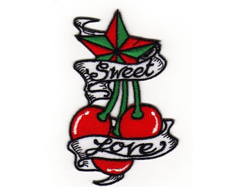 af56 Sweet Love Kirsche Rot Stern Rockabilly Aufnäher Bügelbild Applikation Patch Flicken Größe 5,7 x 9,0 cm