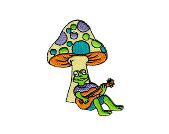 bb52 Frog Green Mushroom Guitar Children's Iron-On Applique Patch Size 7.0 x 5.8 cm