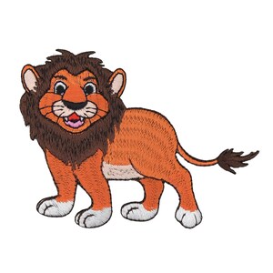 May include: A cartoon lion with a brown mane and orange body. The lion is standing on all fours and has a happy expression on its face.