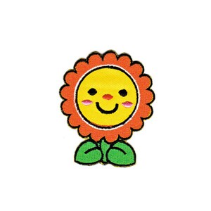 Könnte beinhalten: Eine lächelnde orangefarbene Blume mit einem gelben Gesicht und grünen Blättern. Die Blume ist gestickt und hat einen Comic-Stil.