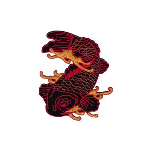 Puede incluir: Parche bordado para planchar con un pez koi negro y rojo con detalles amarillos. El pez nada en un patrón de onda estilizado.