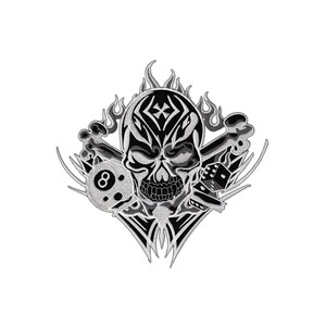 May include: Black and white embroidered patch featuring a skull with tribal markings, crossed bones, a dice, and a pool ball with the number 8. The skull is surrounded by flames.