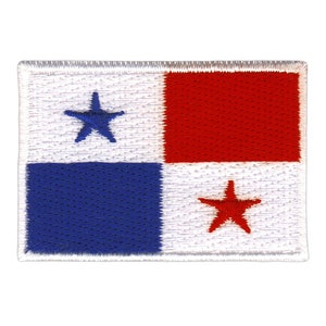 May include: A white embroidered patch featuring the flag of Panama. The flag has a red, white and blue design with a blue star in the top left corner and a red star in the bottom right corner.