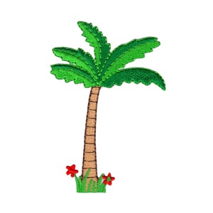Puede incluir: Palmera bordada en verde con un tronco marrón y flores rojas en la base.