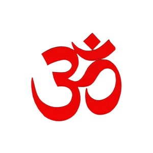 May include: A red Om symbol, a sacred sound and syllable in Hinduism, Buddhism, and Jainism.