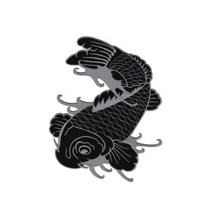 Peut inclure: Illustration en noir et blanc d'un poisson koï nageant dans une vague. Le poisson est détaillé avec des écailles et des nageoires.
