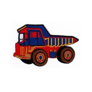 May include: A red, blue and yellow toy dumper truck with large wheels.