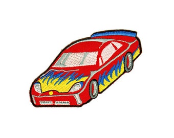 ap57 Racing Car Rot Rennauto Flammen Aufnäher Kinder Bügelbild Applikation Patch Flicken Größe 10,0 x 6,5 cm