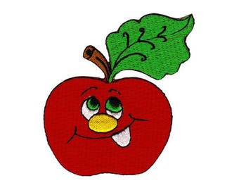 ah73 Roter Apfel Comic Aufnäher Früchte Essen Obst Bügelbild Applikation Patch Flicken Größe 7,0 x 7,5 cm