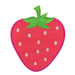 Peut inclure: Une fraise rouge avec des pois blancs et une tige verte. La fraise est bordée de rose.