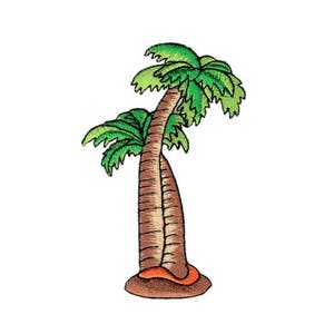 Op de afbeelding: Een geborduurde patch van een groene palmboom met een bruine stam. De palmboom staat op een bruine basis.