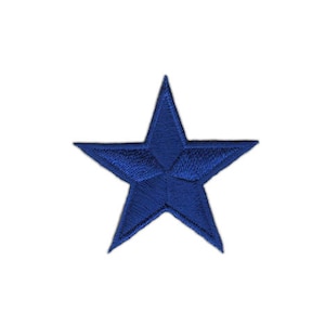 May include: A blue embroidered star patch. The star is a five-pointed star with a slightly raised centre.