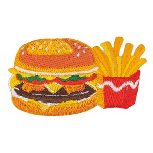 Könnte beinhalten: Gestickter Aufnäher eines gelben und orangen Hamburgers mit einem roten und weißen Ketchup-Behälter und einer Portion gelber Pommes.