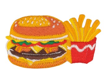bb32 - Patch brodé cheeseburger frites thermocollant à coudre ou à repasser, appliqué thermocollant, burger, restauration rapide, taille 7 x 3,9 cm