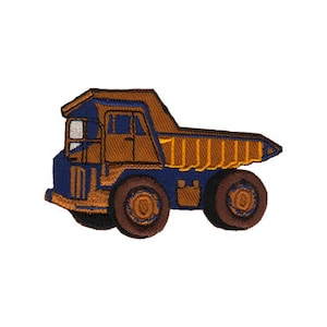 May include: An embroidered patch of a blue and brown dumper truck. The truck has a yellow bed and is on a white background.