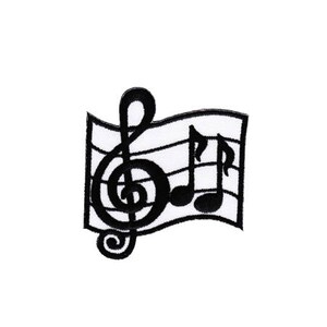May include: Black and white embroidered patch featuring a treble clef and musical notes on a staff.