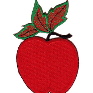 May include: Embroidered patch of a red apple with green leaves and a black stem. The apple is a bright red with a textured surface, and the leaves have detailed green patterns. Ideal for customising clothing or accessories.