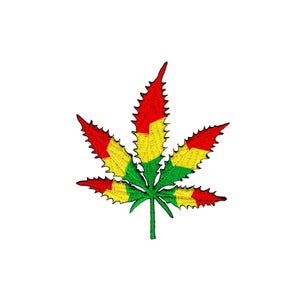 Könnte beinhalten: Ein grünes Marihuana-Blatt mit roten und gelben Akzenten. Das Blatt ist im Stil der Farben der Rastafari-Flagge gestaltet.