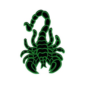 Könnte beinhalten: Schwarzer und grüner gestickter Skorpion-Patch. Der Skorpion ist in einer defensiven Position mit erhobenem Schwanz zusammengerollt.