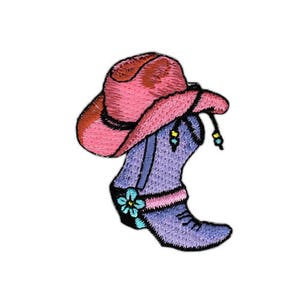 an20 Cowboy Stiefel Hut Lila Kinder Zeichentrick Aufnäher Bügelbild Applikation Patch Flicken Größe 6,0 x 4,7 cm