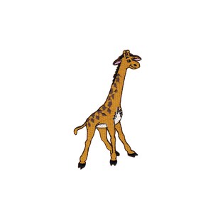 Könnte beinhalten: Ein gestickter Aufnäher mit einer braunen und schwarzen Giraffe mit einem weißen Fleck auf dem Rücken.