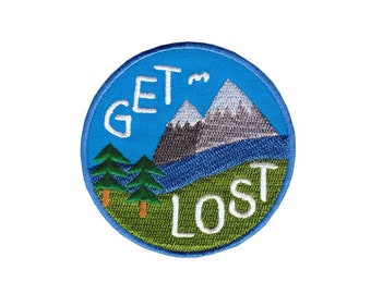 af32 - Get Lost Wandern Berge Landschaft Aufnäher Aufbügler Bügelbild Applikation Patch Flicken 6,8 x 6,8 cm