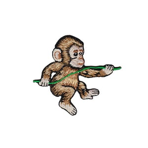 Könnte beinhalten: Ein gestickter Affe, der eine grüne Rebe hält. Der Affe sitzt auf seinen Hinterbeinen und hat seine Arme ausgestreckt.